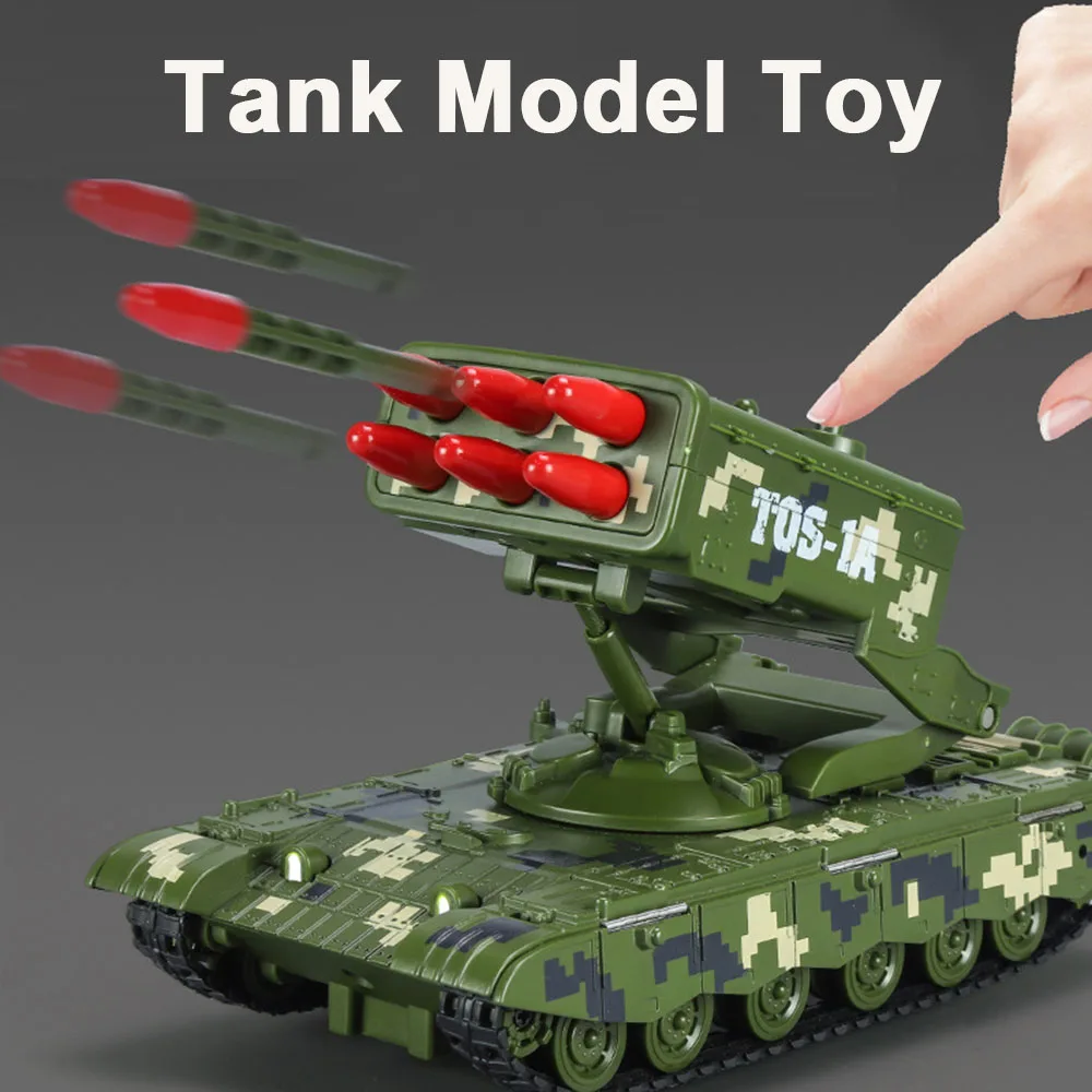 1/32 T34 99A  TOS-1A Tank Model Toy Car Alloy Diecast Heavy Rocket Artillery Tanks with Spray Sound Light Pull Back for Kid Gift