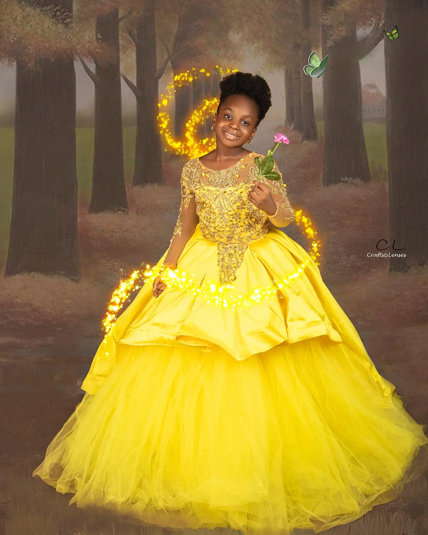 Yellow Long Sleeve Kids Birthday Party Dresses Beaded Flower Girl Dresses for Wedding Baby Girls Prom Gowns for Photoshoot