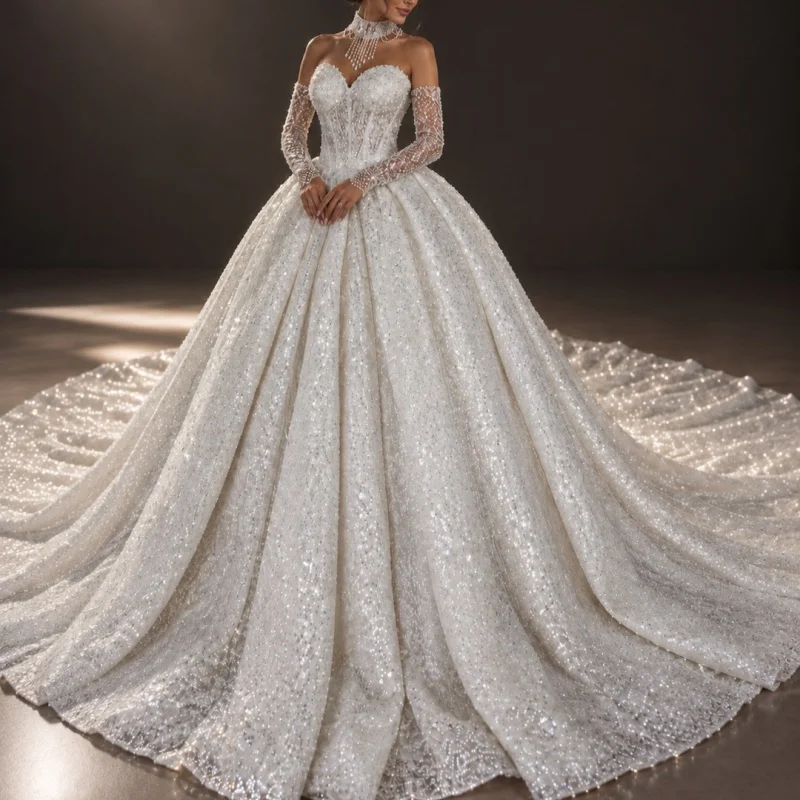Pearl White Beading Appliques Wedding Dresses Decal Skirt Long Tail Arab A-Line Skirt Made Wedding Dress Bridal Gown Customize