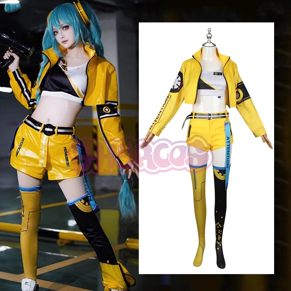 

4PCS Dive 17th Mikkuu Cosplay Mikuo Anniversary Yellow Uniforms Cosplay Costume Proje Sek Halloween Party Girl Top Short Comic