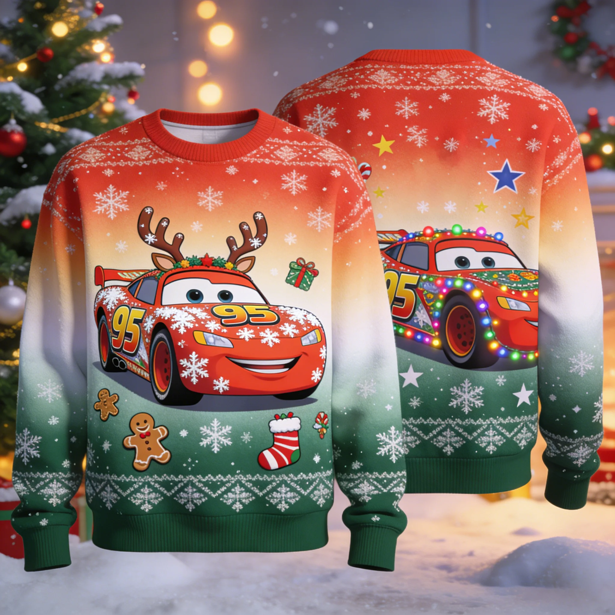 

Новинка 2026 года, рождественский свитшот Lightning McQueen для детей и взрослых, идеально подходящий для осени и зимы, повседневная уличная мода
