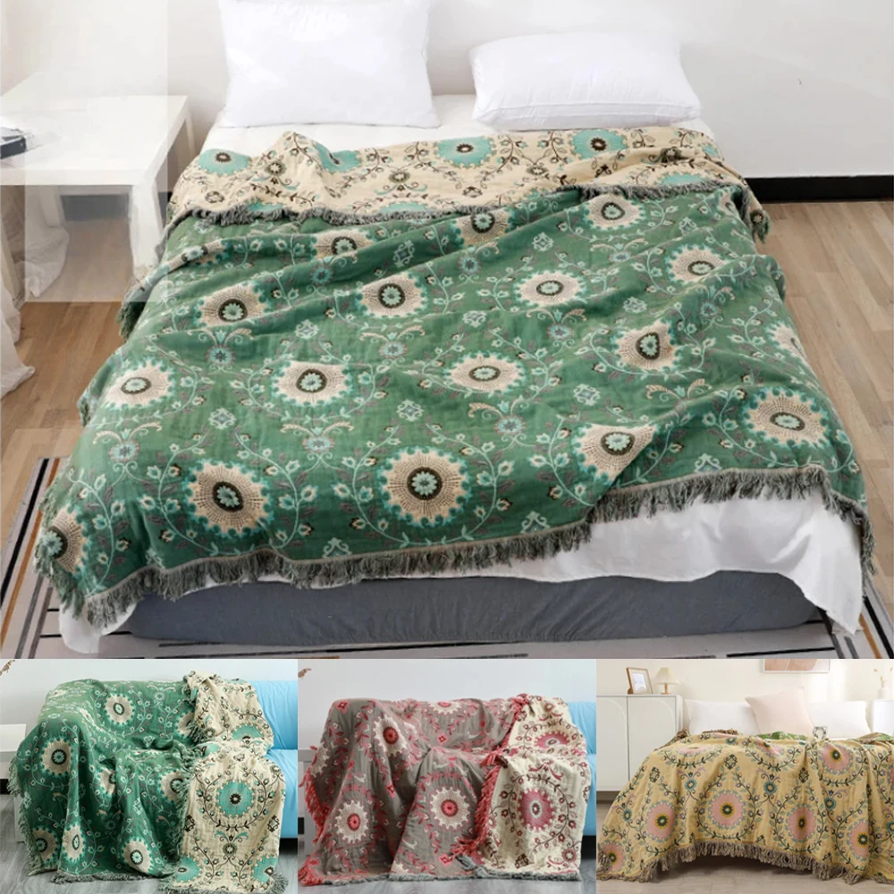 Cotton Gauze Flower Language Tassel Sofa Towel Double-sided Four Season Sofa Cover European Style Blanket Towel 150/200/230CM