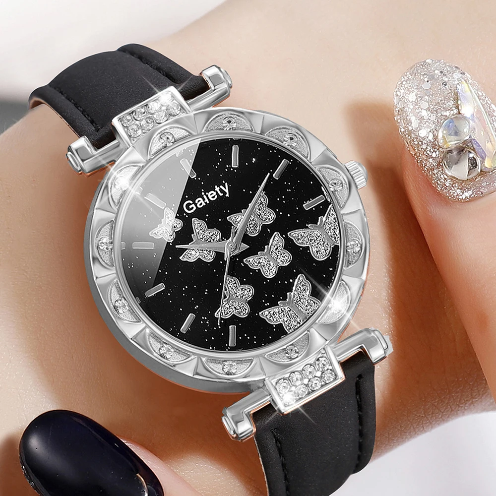 6PCS/Set Women Watch Set Rhinestone Quartz Wristwatch Butterfly Element Dial Watch Set Butterfly Jewelry Set Gift For Girls