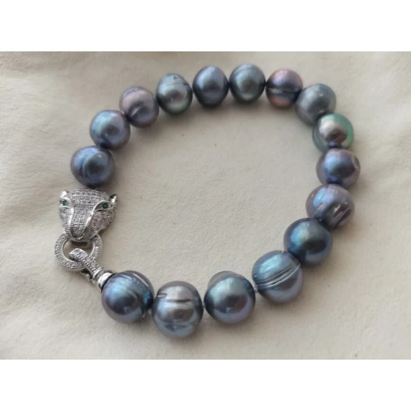 Hot Sale Huge AAAA 11-12mm South Sea Black Pearl Bracelet, New Vintage Simple Bracelet Women's 7.5-8 925 Silver