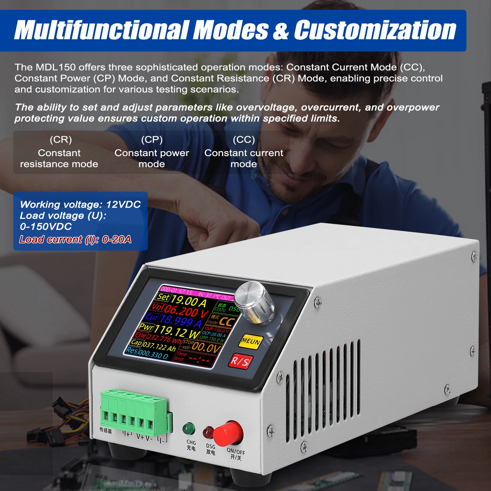 MDL150 12VDC Electronic Load Multifunction Electronic Load Support Constant Current/Power/Resistance Mode with Data Calibration