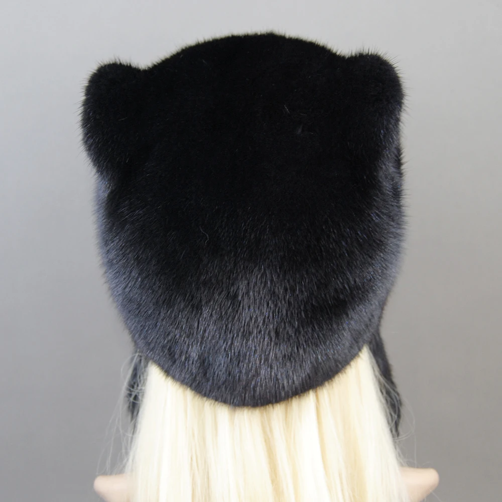 Winter Mink fur Cute cat ears Square cap With Sequins Warm Winter For Women Real Natural Mink Fur Vertical Weaving Winter Hat