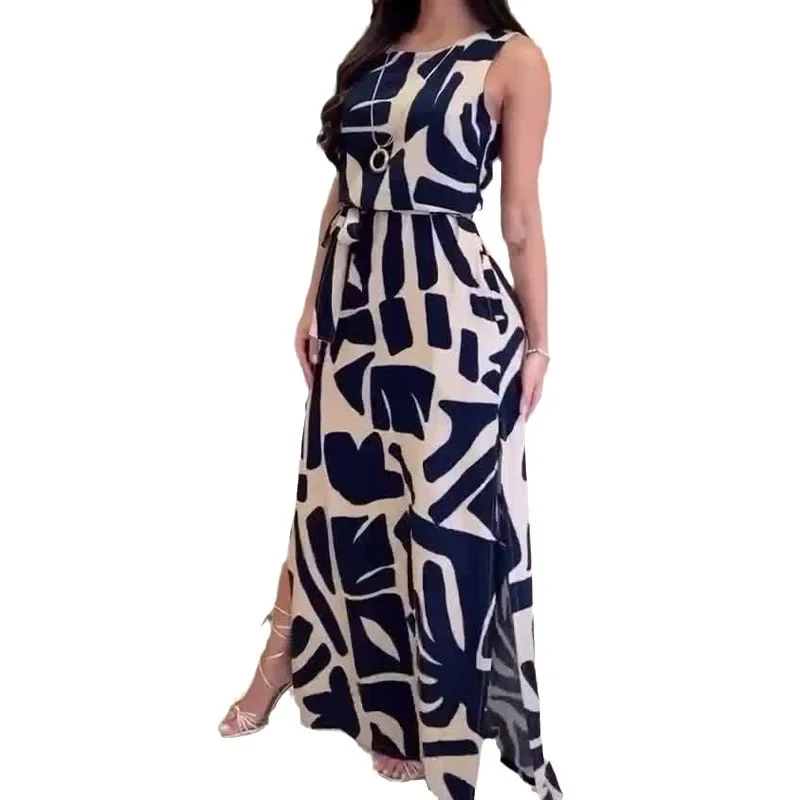 Boho Maxi Dress  Fashion Print Sleeveless Dress for Women Summer Slit Lace-up Long Robes Holiday Beach Dresses Party Vestidos