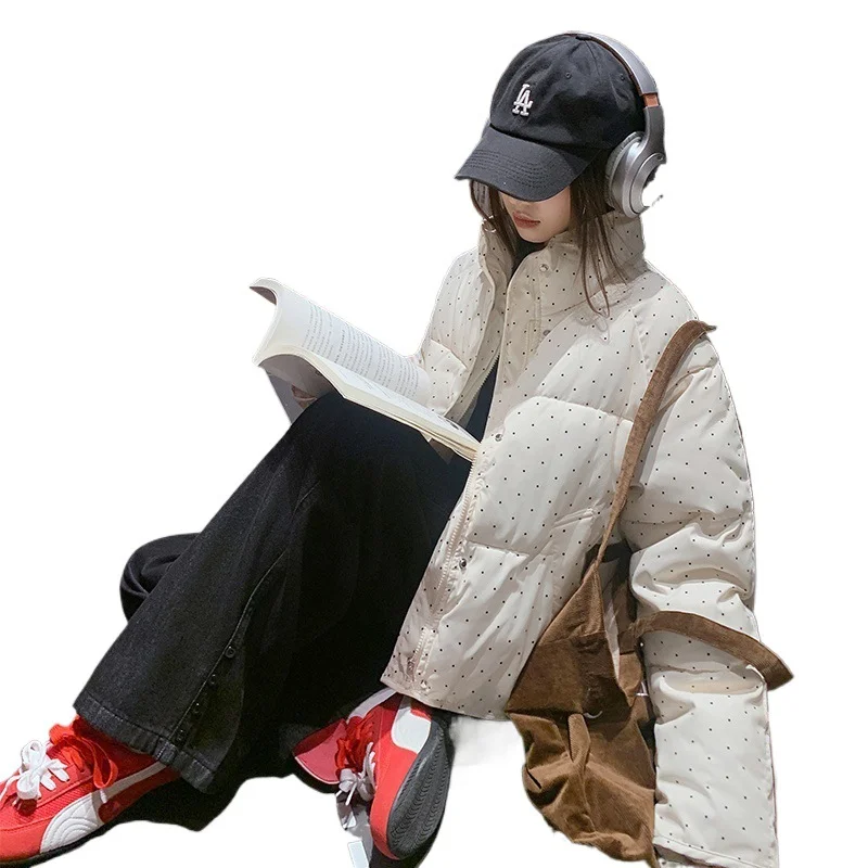 سترة نسائية قطنية منقطة حلوة شتوية جديدة بأكمام طويلة متعددة الاستخدامات فضفاضة على الموضة للطلاب وياقة واقفة معطف قصير #5