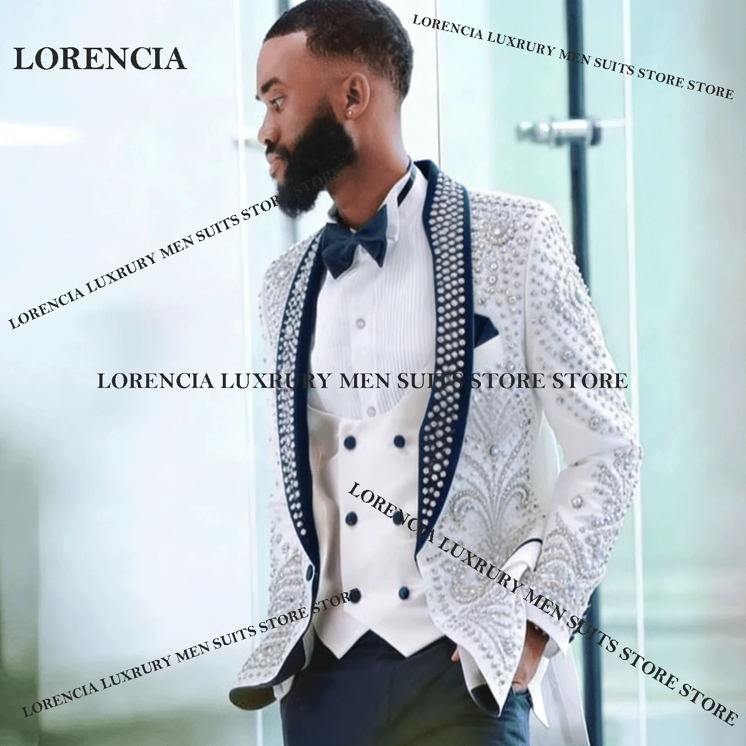 Glitter Customized Embroidery Fashion Gem Male Prom Party Blazer 2 Pieces Sets Men Suit For Wedding Groom Tuxedos Slim Fit Homme
