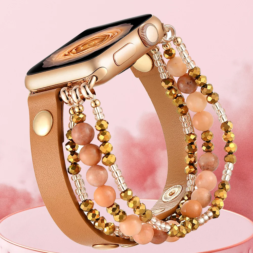 Lederen band voor Apple Watch Band Ultra 3/2 49 mm 40 38 41 42 44 mm Dames elastische kralenarmband Iwatch-serie 11 10 9 8 7 6 SE