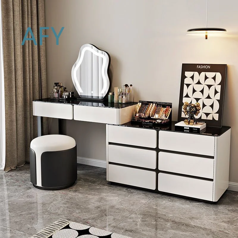 New Luxury Style Dressing Table with Wooden Adjustable LED Mirror White Vanity Table for Bedroom Apartments for IKEA for MUJI