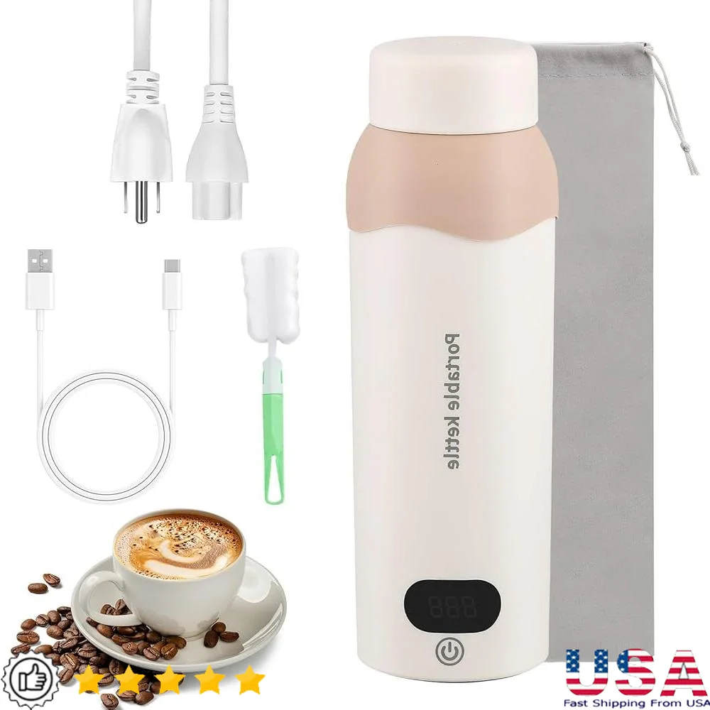 

Portable Electric Kettle 500ml Travel Water Boiler USB Rechargeable Stainless Steel Fast Heating with LCD Display Touch Control