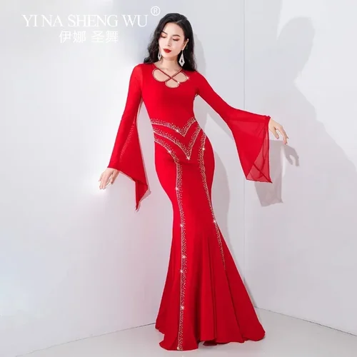 Imagen 2 del producto Vestido de Danza del Vientre para Mujer, Estilo Irakí, con Mangas Largas y Acampanadas, Ajustado, para Danza, Kawleeya, Actuación