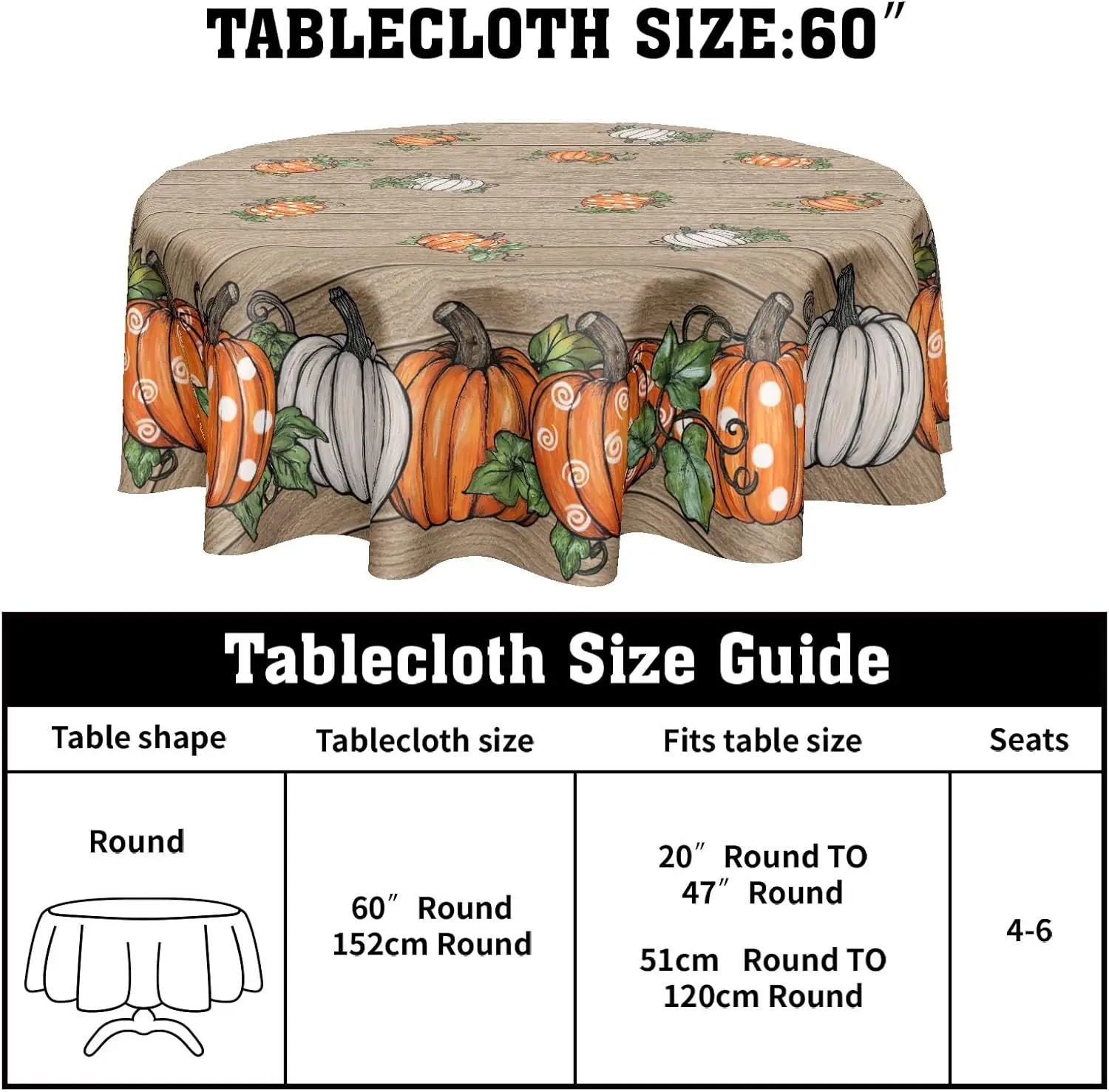 Fall Pumpkin Round Tablecloth 60 Inch Thanksgiving Autumn Harvest Vintage Wood Plank Pattern Table Cloth Rustic Farmhouse Table