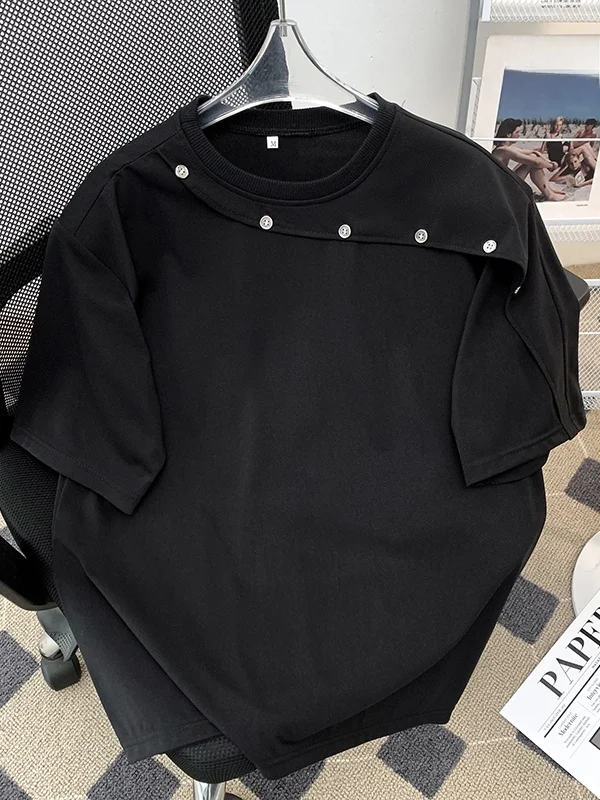 

Summer Men's T-irt Padded oulder ort Sve Button Design f Sve Trendy American Retro Couple's Breathable Casual Tee