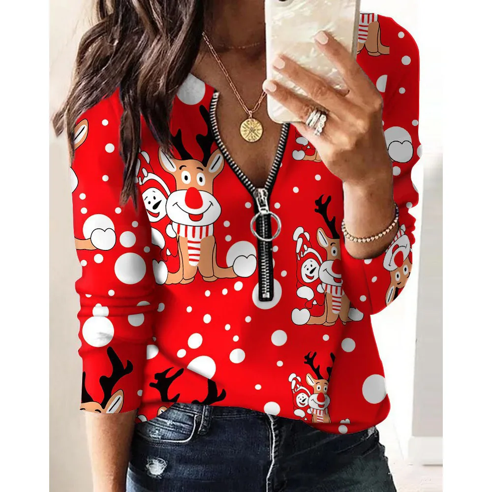 Women's Tops Christmas Print V-neck Long-sleeved T-shirt