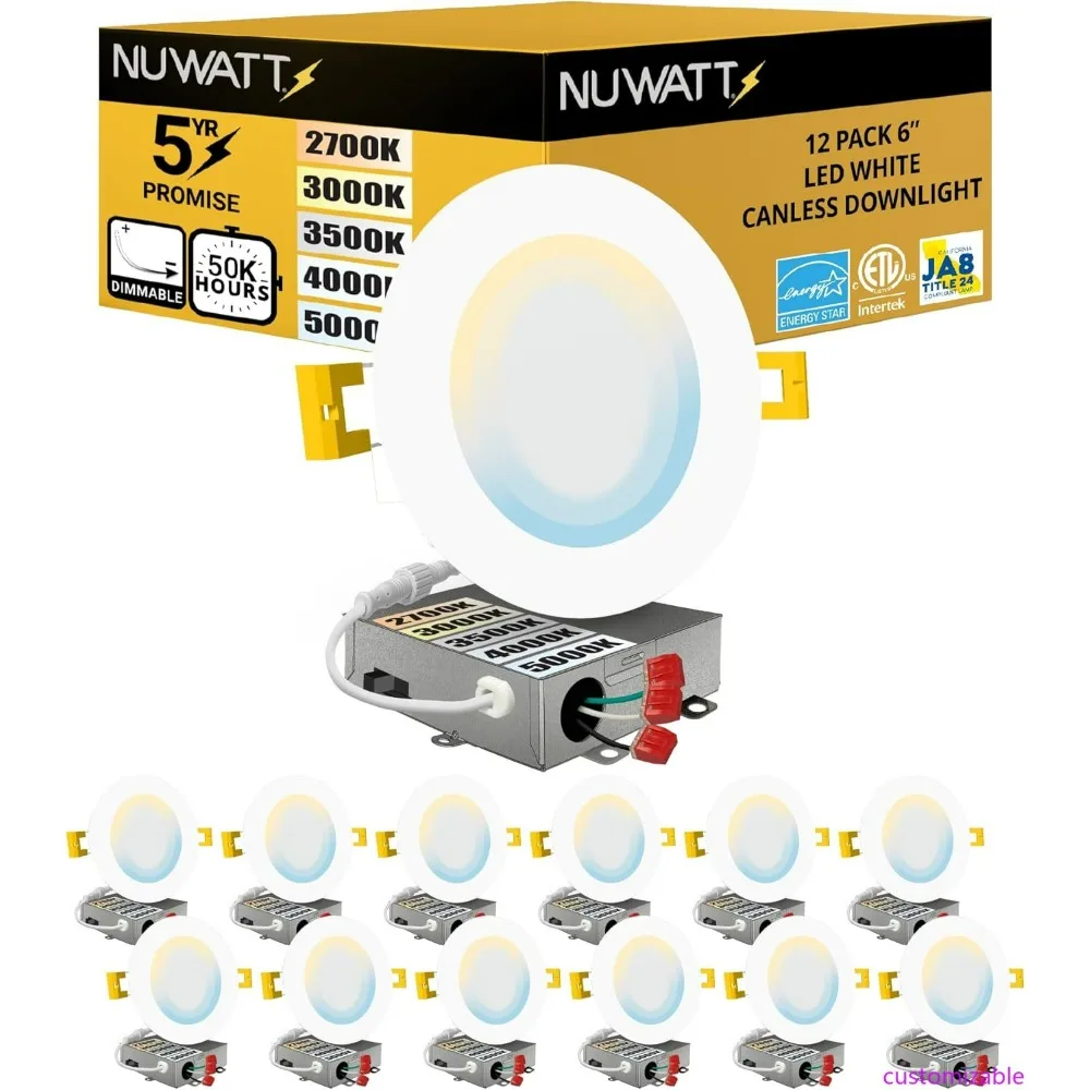 12 عبوة من 6 مصابيح LED فائقة النحافة، درجة حرارة اللون قابلة للتعديل 2700K-5000K، 1050 لومن 15 وات، قابلة للتعتيم، معدل IC #1
