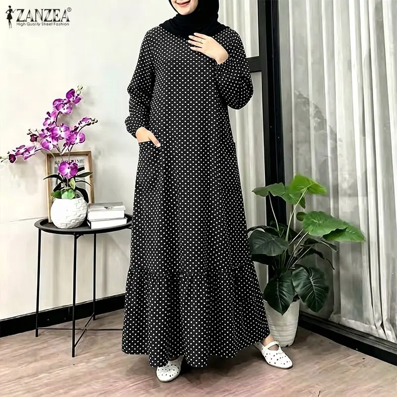 

ZANZEA Casual Polka Dots Printed Women Muslim Abaya Dress O Neck Long Sleeve Sundress Dubai Robe Kaftan Bohemian Maxi Dresses