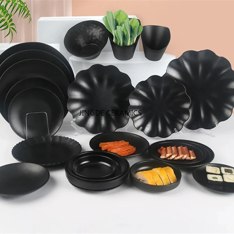 Circular melamine dish Black frosted disc Self service hot pot tableware Kitchen supplies Restaurant Main Course Plate