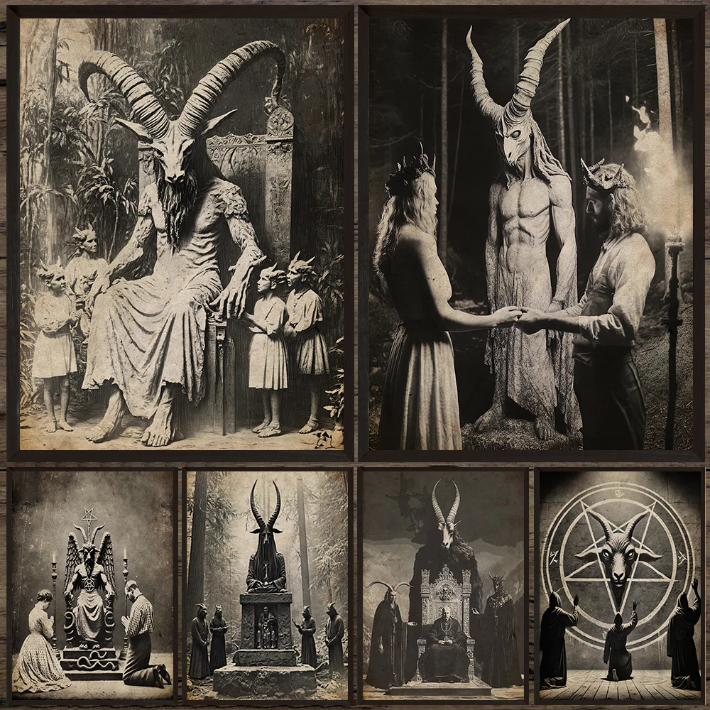 

Pagan Demon Worship Decor Vintage Wall Art Canvas Painting,Hell Satan,Lucifer,Baphomet Art Antique Photo Poster Print Unframed