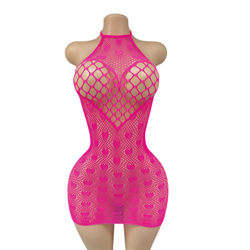 Hot Pink Women's Halter Heart Pattern Fishnet Mini Dress, Hollow Out See Through High Stretch Bodycon Nightwear