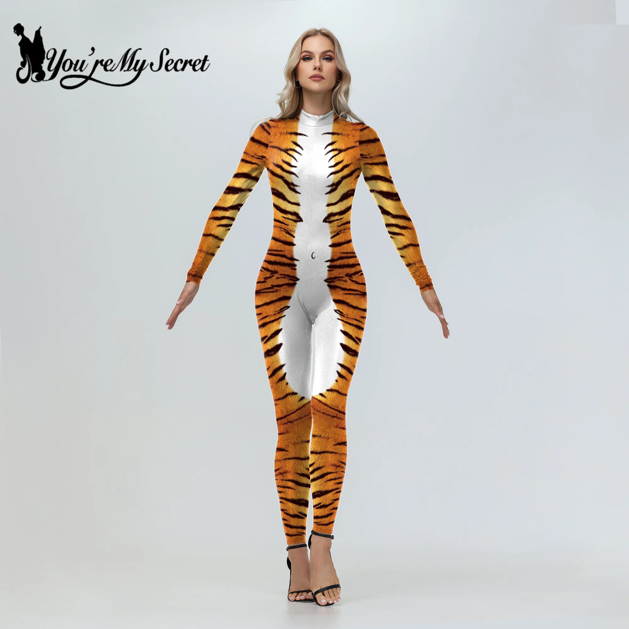 [You\'re My Secret] Adult Women Animal tiger Print Dress Up Bodysuit Halloween Purim Carnival Party Disguise Cosplay Costumes