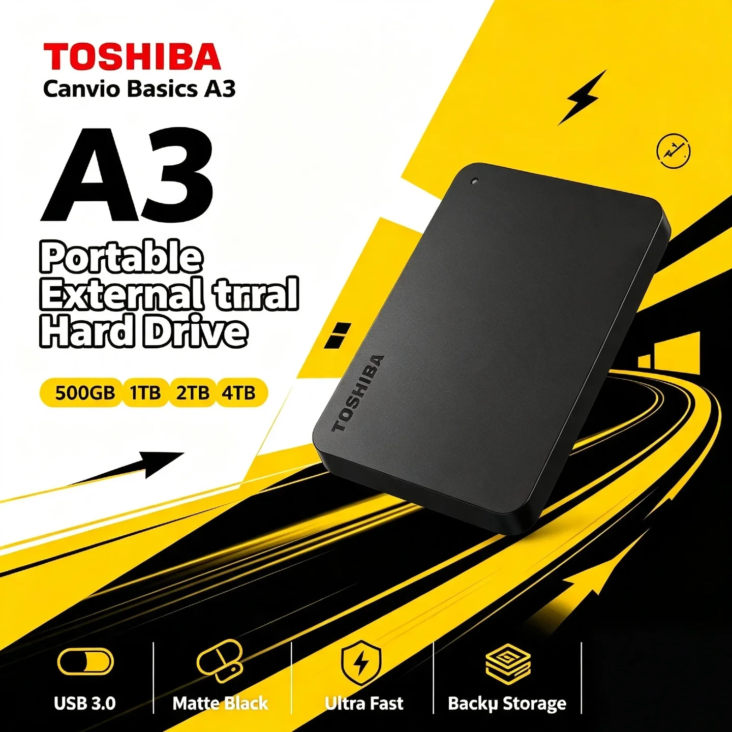 Toshiba Canvio Basics A3 500GB 1TB 2TB Portable External Hard Drive Matte Black USB 3.0 Pro Max Ultra Fast Backup Storage