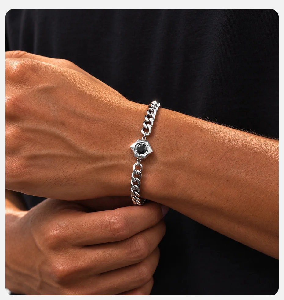 Vnox Herren-Schmuckset aus Edelstahl, Hexagon-Halskette mit schwarzem Zirkon und Armband mit Panzerkette, Punk-Hip-Hop-Männer-Accessoire, Geschenk – Detail 2