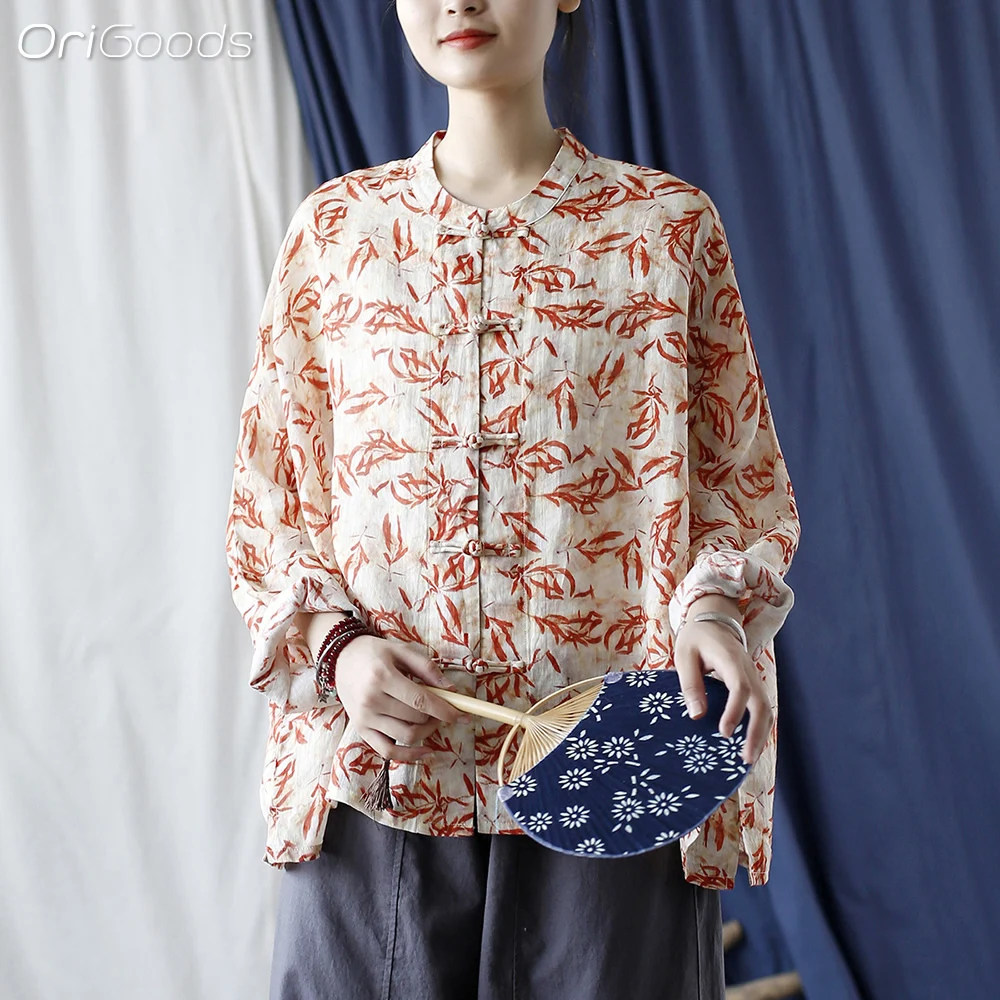 OriGoods Oversized Batwing Sleeve Shirt Women Ramie National Print Shirt Summer 2024 New Chinese Style Blouse Thin Tops X046