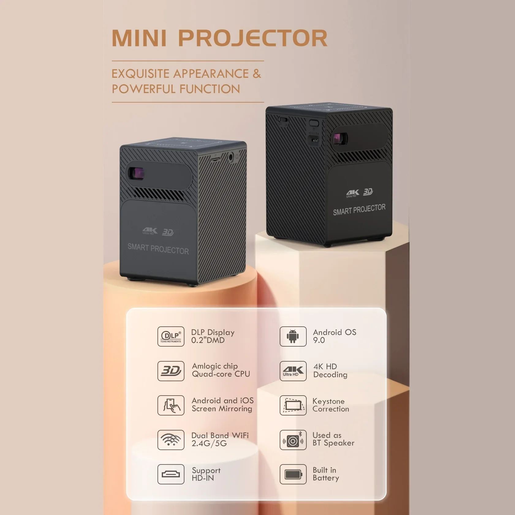 Mini 4K DLP Projector Home Theater 3D Portable Android Smart Car Outdoor Wifi Bluetooth Mobile Battery Rechargeable Game Video