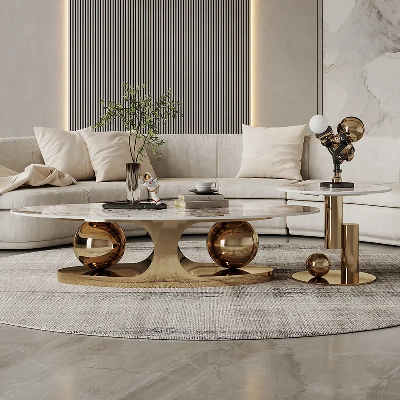 Modern Design Oval White Stone Slate Top Coffee Table Home Furniture Living Room Large Gold Marble Luxury Center Coffee Table