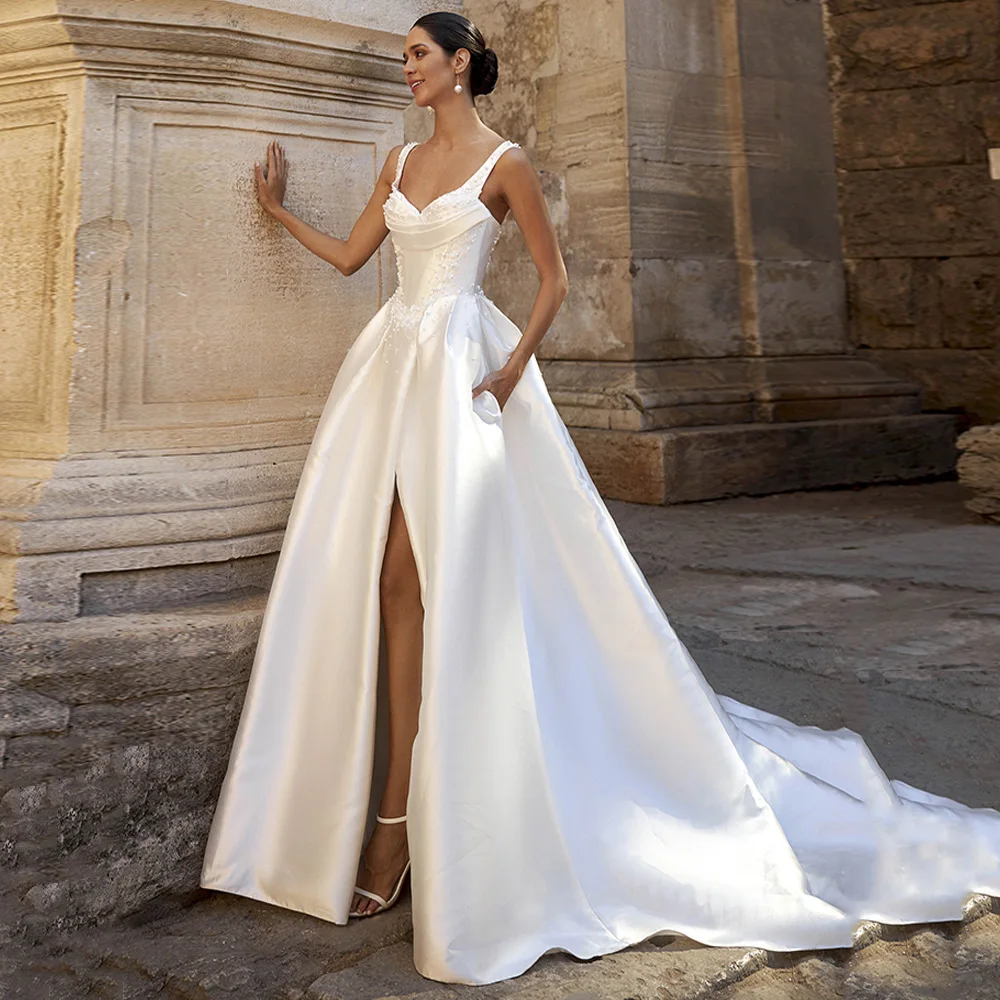 Arab Wedding Dresses for Bride 2025 Customized Sexy V Neck Sleeveless Beading Pearls A Line Bridal Gown Split Bride Dresses