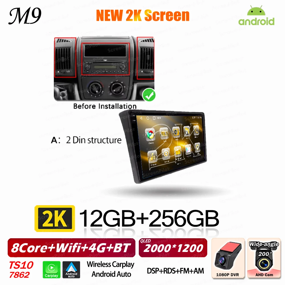 Android 16 voor Fiat Ducato Peugeot Boxer Citroen Jumper 2 2006-2022 Carplay Android Auto 2K QLED Wifi GPS autoradio multimediasysteem 5G