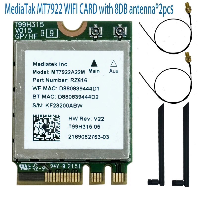 MT7922 Wi-Fi 6E wireless LAN card 2400Mbps wifi network card 2.4G 5G 6G 802.11AX M.2 NGFF for Bluetooth 5.2 MU-MiMO adapter