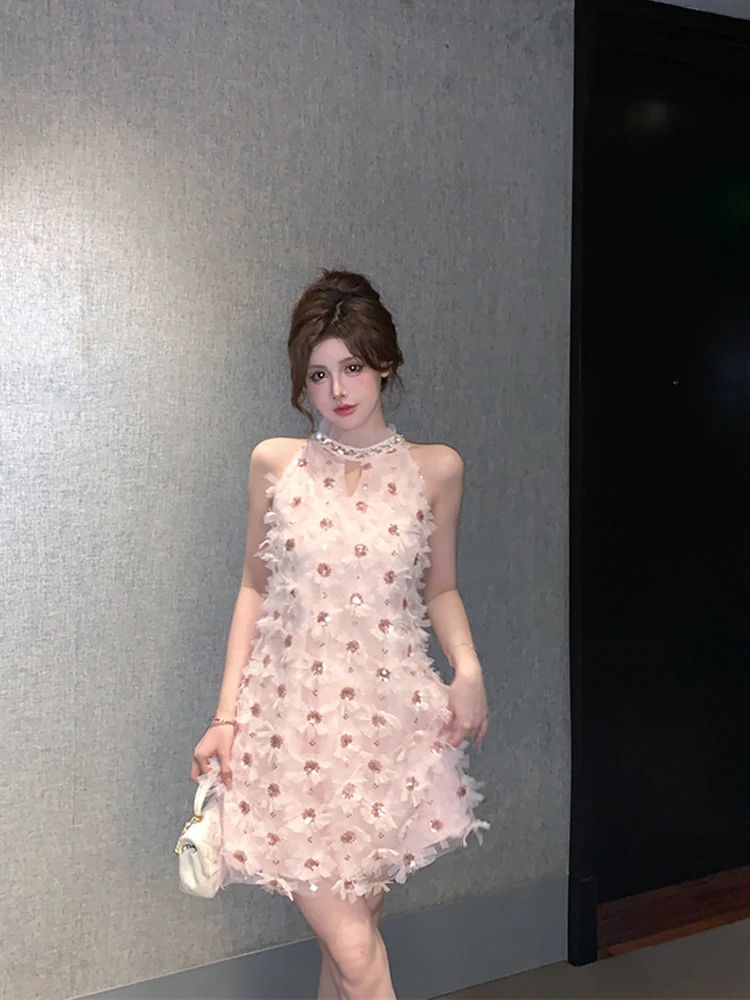 Sequined Party Dresses Sweet Pure Design Wind Sexy Mini Dress Three Dimensional Flowers Vestidos