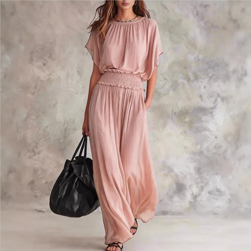 

Elegant Y2k Women's Loose Dress Summer Fashion O-neck High Waisted Dresses Lady Simple Style Chic Batwing Sleeve Office Vestidos