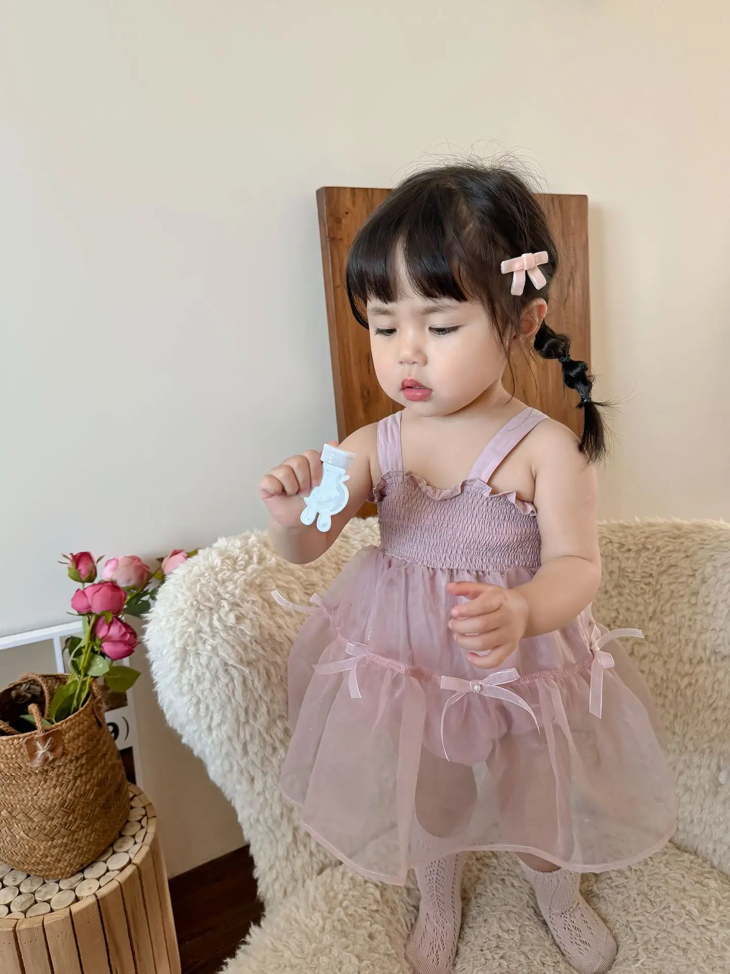 Protetor solar infantil vestido de princesa, Roupa de bebê, Verão, Novo, Coreano, Rosa, Arcos simples, Fio de malha, Roupa feminina, 2024