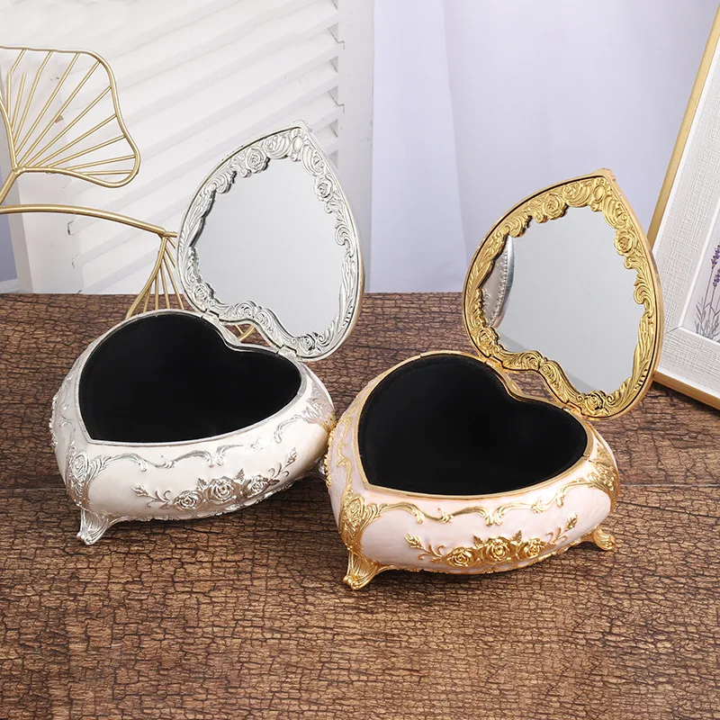 Nordic style light luxury classical style exquisite love jewelry box flip style with mirror jewelry necklace ring storage box