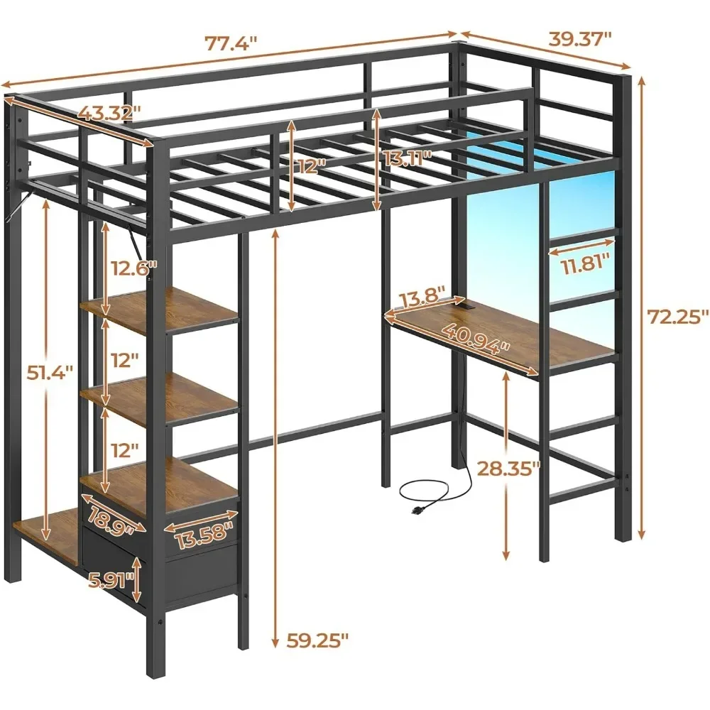 Commercial High Quality Metal Loft Bed Frame with Desk &Charging Station，Led Lights,  Clothes Rail, Safety Guard & Ladder, Bed