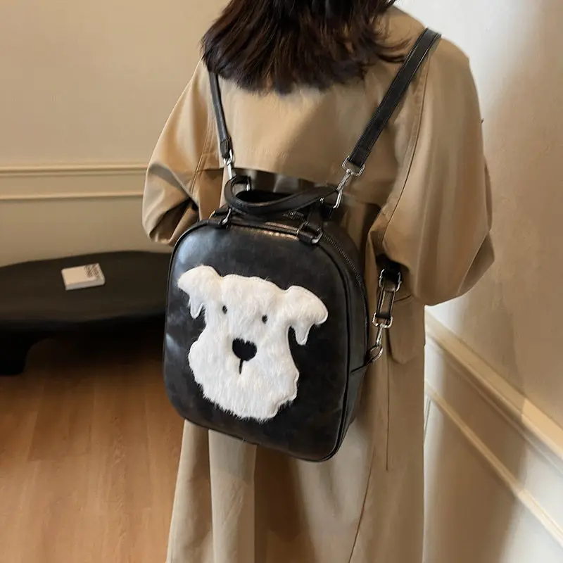 JIAERDI Cute Plush Puppy Backpack Women Leather Large Capacity Tote Bag Ladies Retro Multi Functional Travel Mochilas Mujer 2025