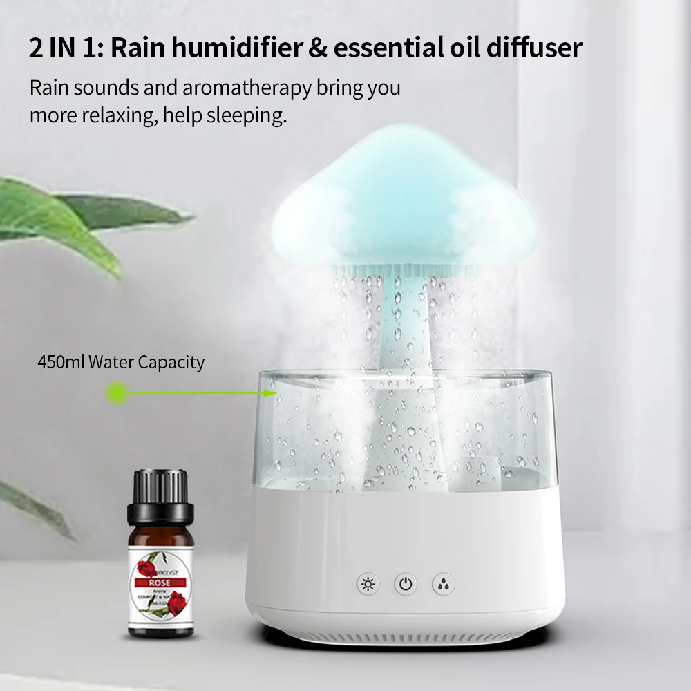 Customize Crisp Water Drip Sound Cloud Raindrop Humidifier Adjustable Water Flow Speed 7 Color Light Rain Frop Cloud Humidifier
