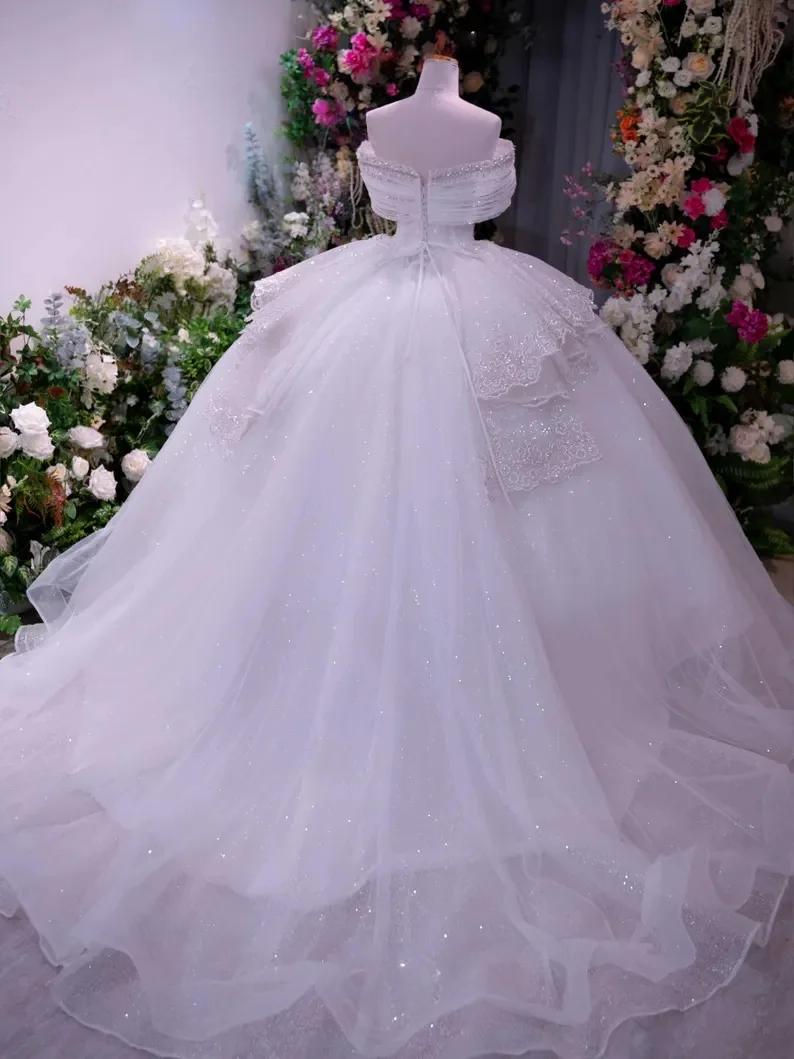 カスタムメイド 2025 ノーブルプリンセス ボールガウン ウェディングドレス 高級ビーズ ブライダルドレス オフショルダー レース シフォンドレス