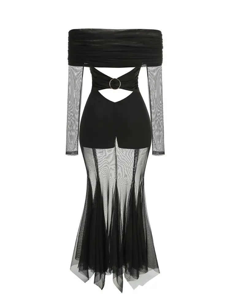 فستان نسائي طويل بدون أكتاف ، مقطوع ، شبكي ، مكشكش ، طويل ، مشهور ، أنيق ، حفلة ، سهرة ، نادي ، فاخر ، مثير ، ملابس ،