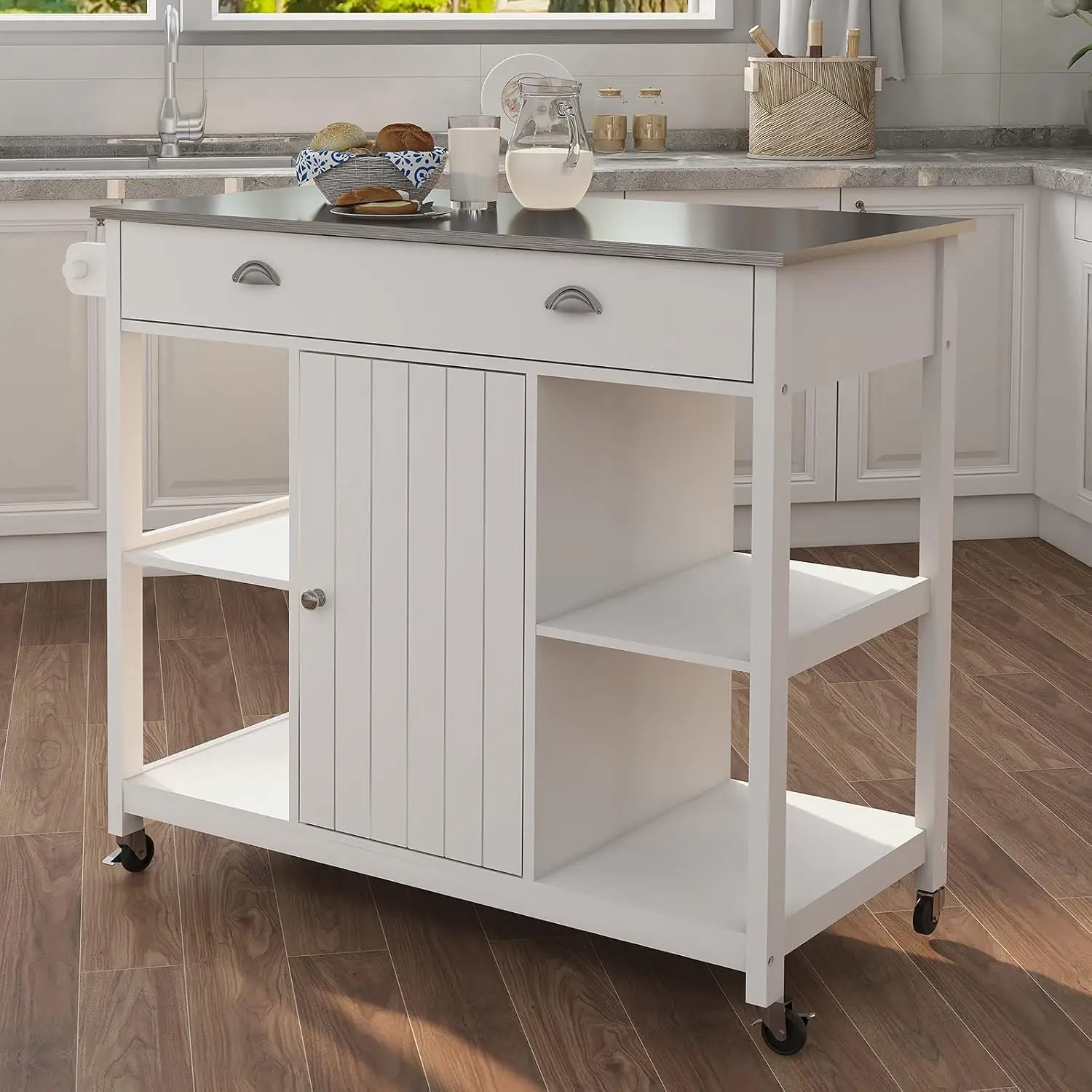Kitchen Island Cart with Stainless Steel Top, Rolling Kitchen Island Storage Cabinet on Lockable Wheels, Rolling Trolley with Op