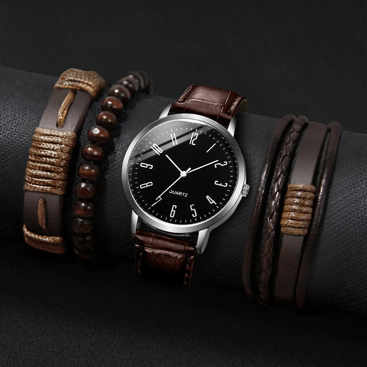 4PCS Men's Watches Casual Arabic Dial Leather Band Quartz Watch Vintage Bracelets Set（Without Box）