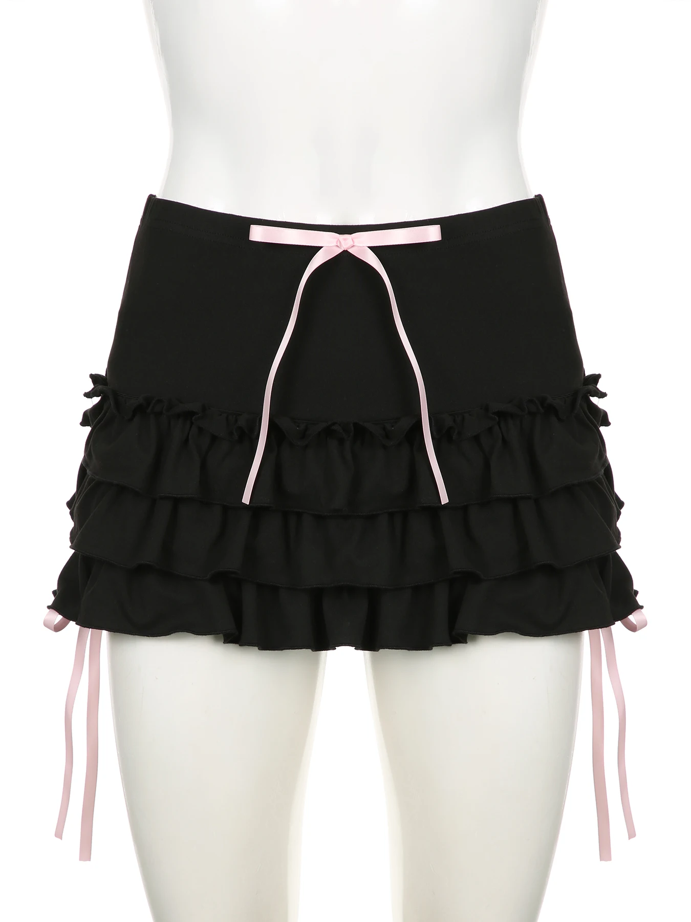 Weekeep Black Ruched Pleated Skirt With Shorts Women Lace-up Bow Low Rise Sexy Club Party Super Short Mini Skirts y2k Aesthetic