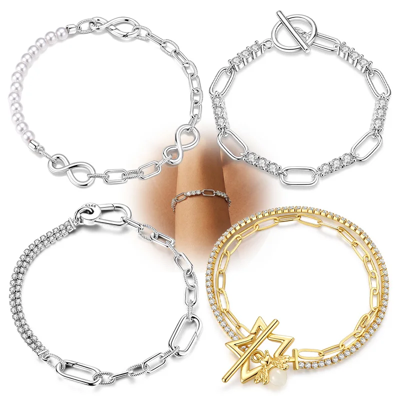 925 Sterling Silver Bracelet Bangle Zirconia For Women Man Jewelry 17-20cm Braided Chain Pearl Universal Buckle Charm Bracelet