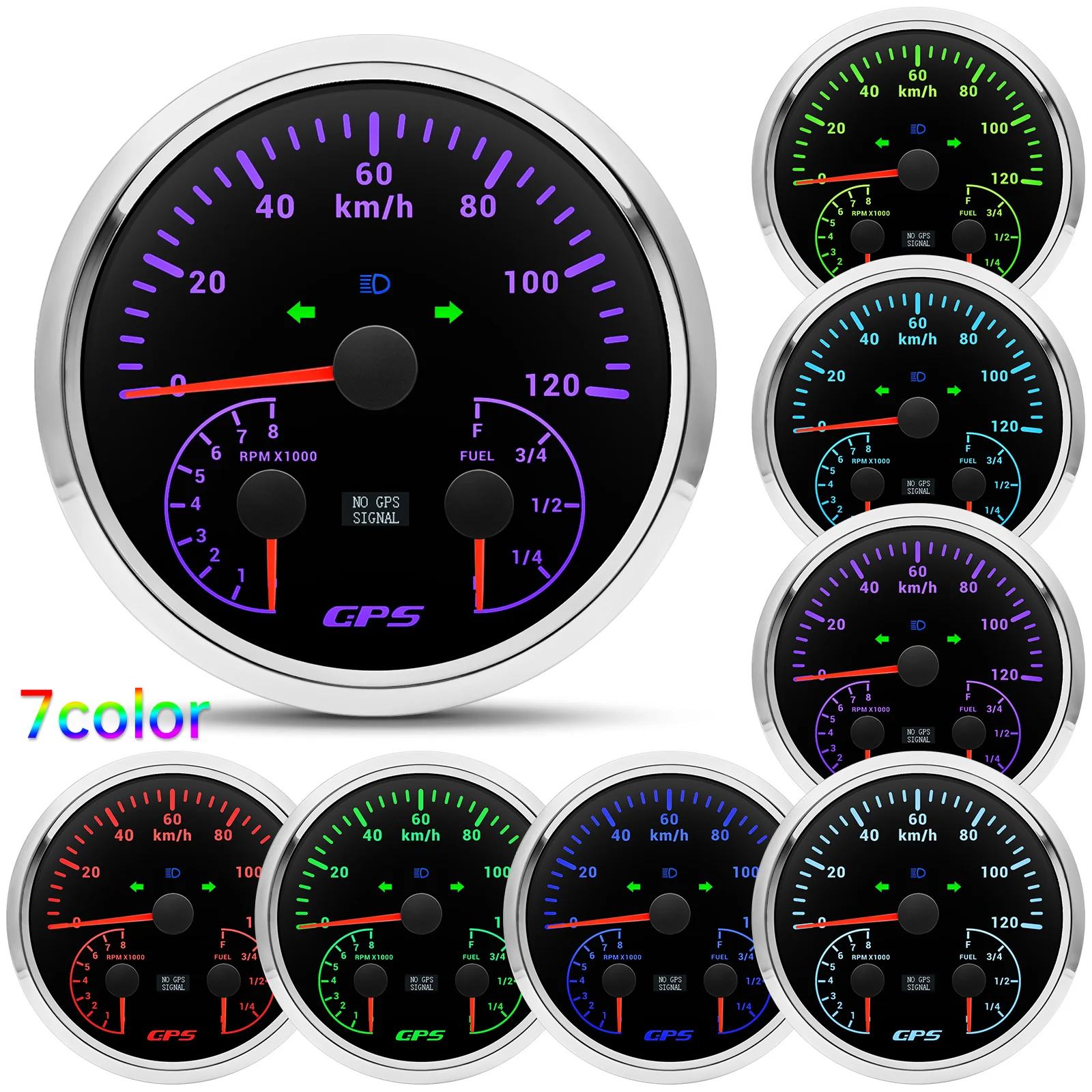 110mm 7-color Backlight Car Truck Boat Yacht GPS Speedometer with RPM Tachometer Fuel Level Gauge 12V24V Universal 3 In 1 Meter view 5