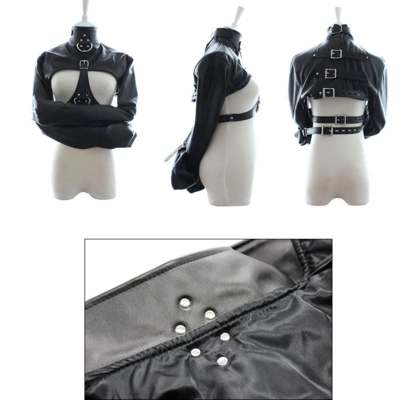 PU Leather Open Breast Straitjacket Padded Boxing Gloves Armbinder BDSM Restraint Legs Harness Bag Head Hood Dildo Gag Roleplay