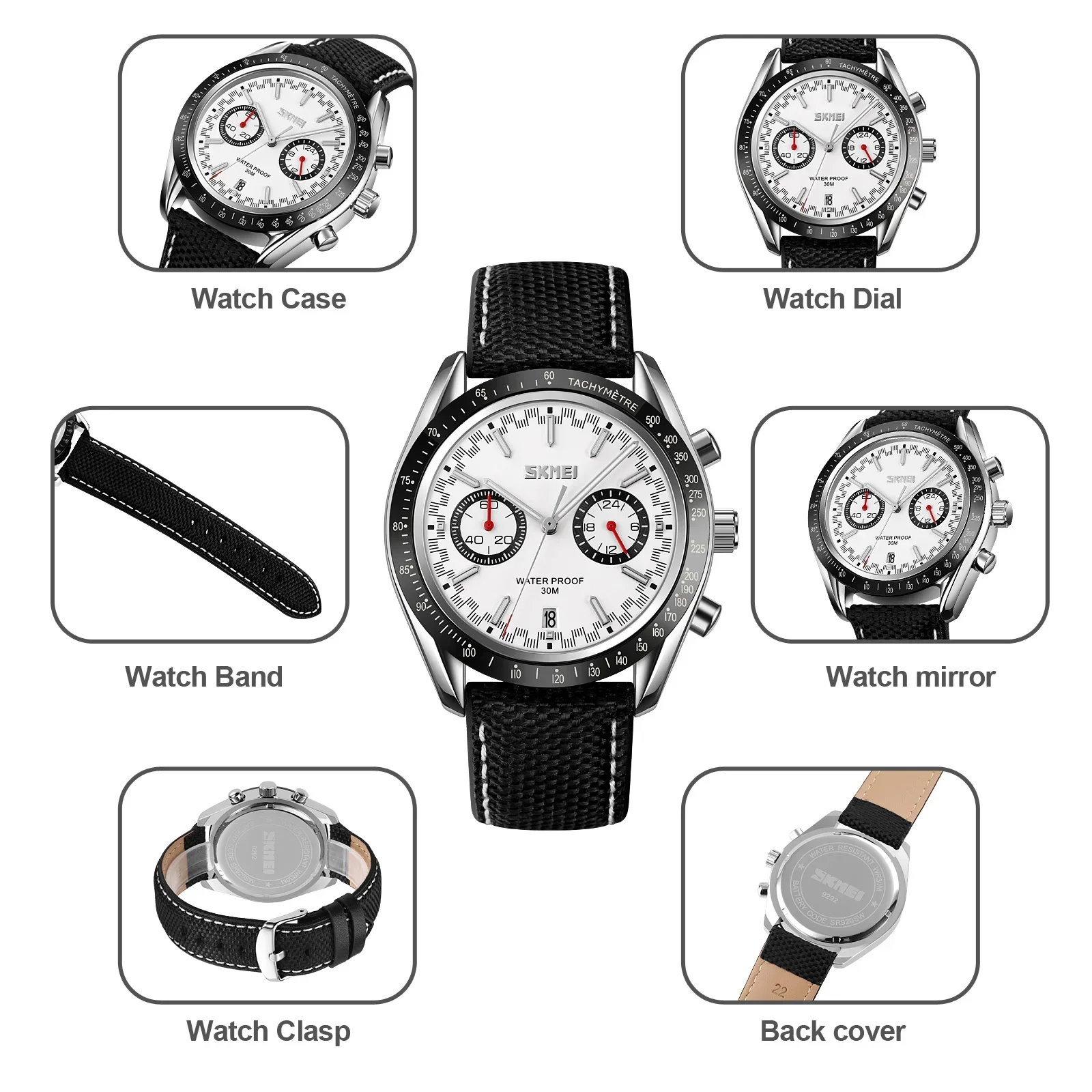 SKMEI Mens Casual Waterproof Time Stopwatch Sports Watches reloj hombre Fashion Genuine Leather Strap Quartz Wristwatch 9292